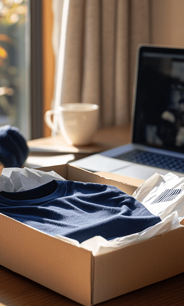 Merchandise box with branded apparel on a desk, laptop and mug in background